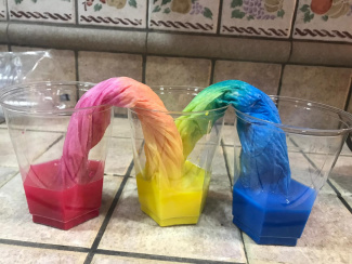 3 beakers with red, yellow and blue-coloured water
