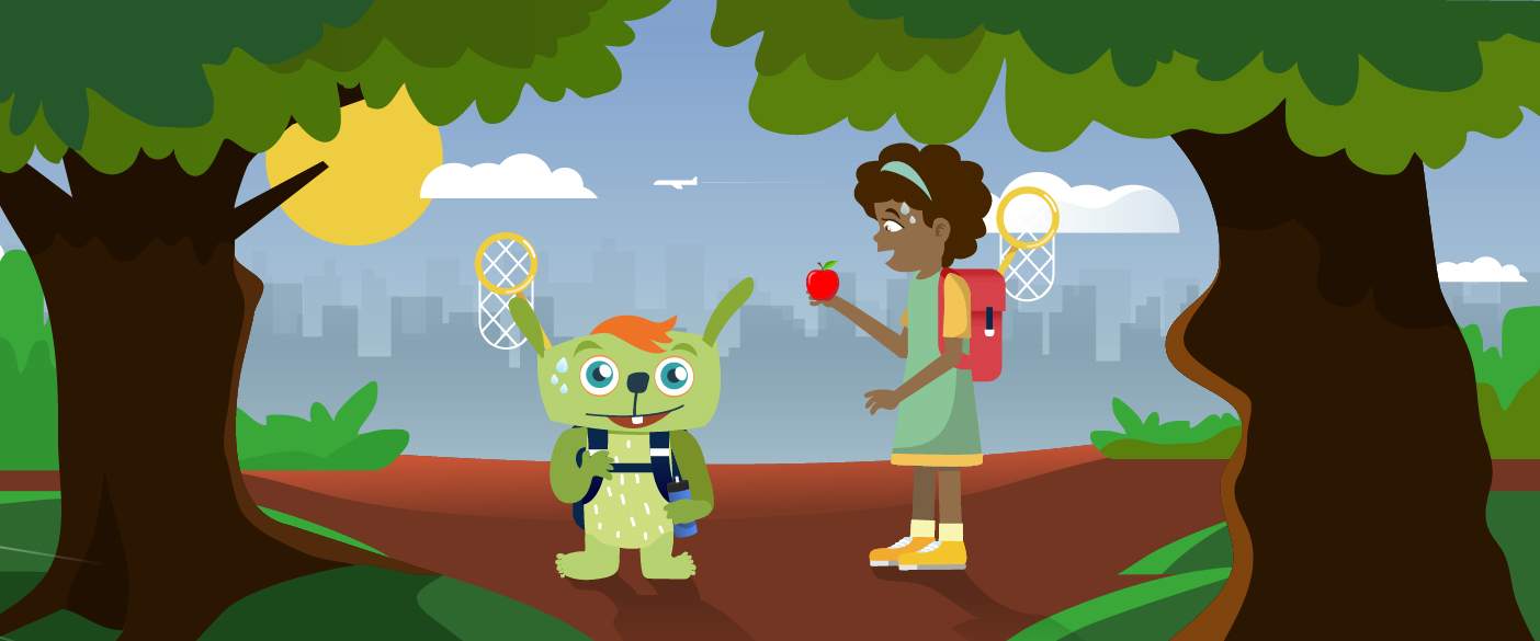 The girl Alina and the fantasy creature Lilu are outside. The sun is shining and they are sweating. Both have butterfly nets, Lilu also has a water bottle ans Alina has an apple. There are trees to the right and to the left of them.
