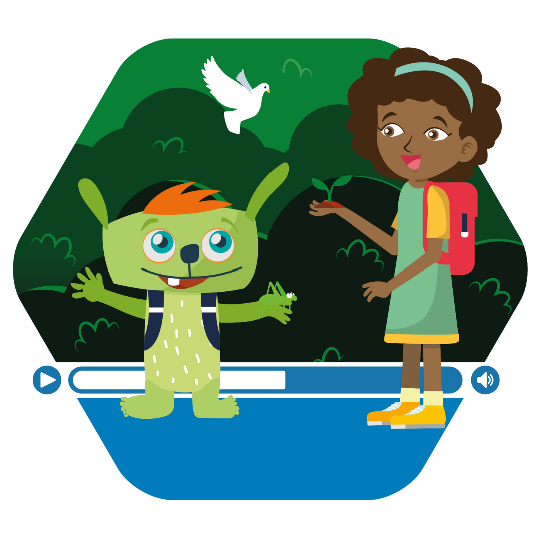 The green fantasy creature Lilu and the girl Alina are standing outside. Lilu holds a grasshopper in his hand, Alina has got soil and a plant seedling. A dove is flying over them.