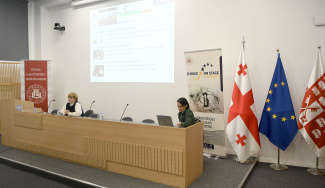Speakers in front of a monitor and next to Georgian and EU flags