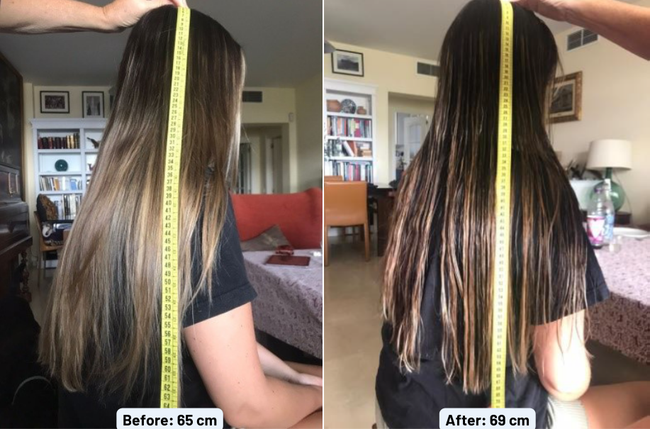 Pictures of a girl's long hair before and after washing