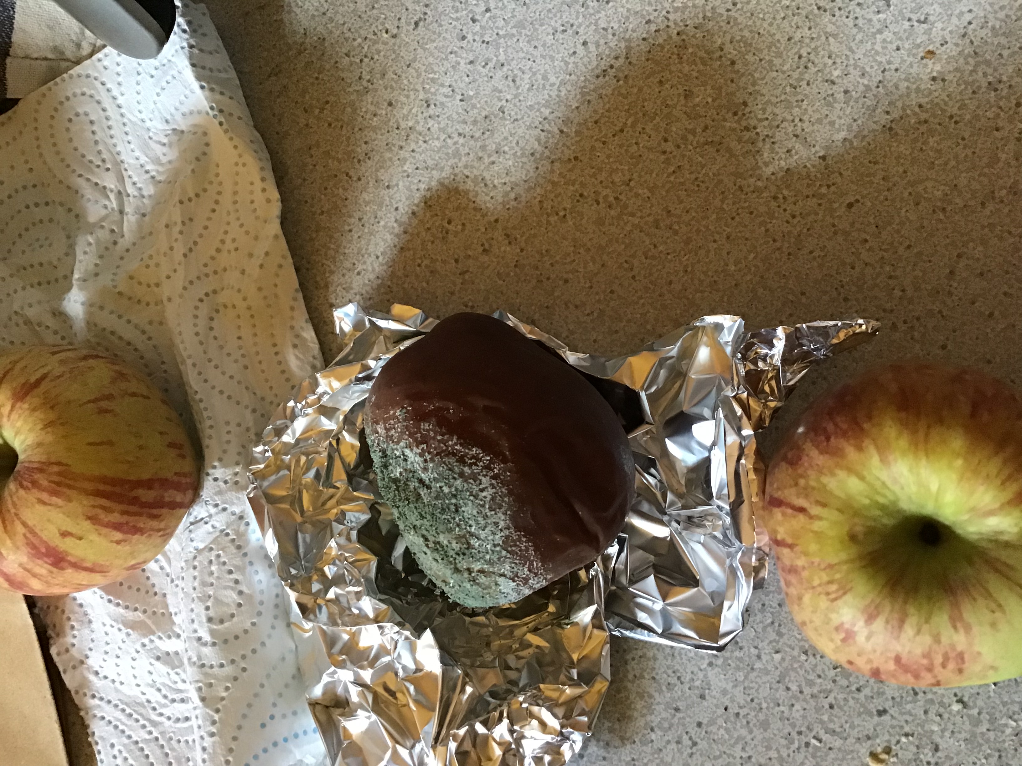 a decayed apple with mold sitting an a piece of aluminium foil