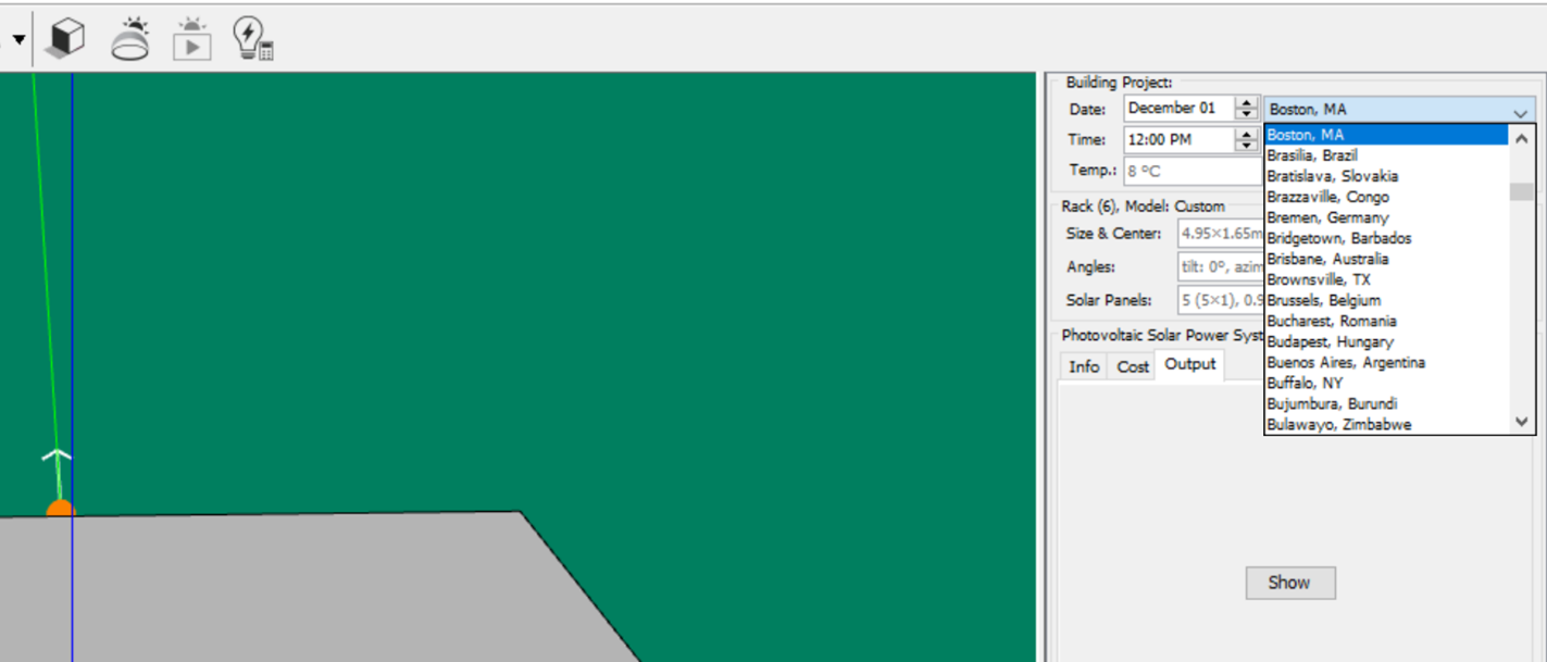 Screenshot: Drop down window showing how to change the location of the platform from Energy3D software.