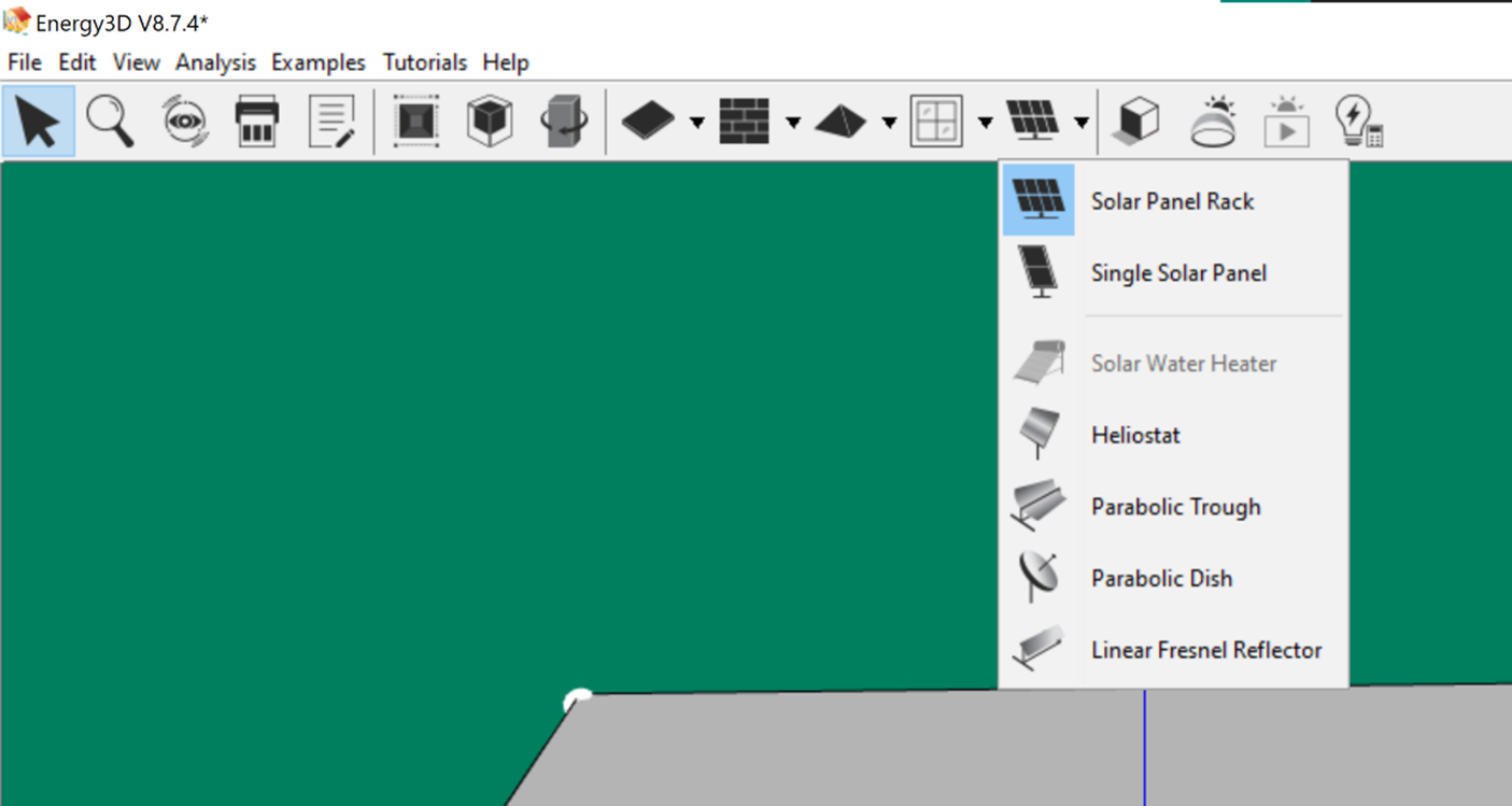 Screenshot: Showing drop down menu for the selection of a solar panel rack from the Energy3D software.