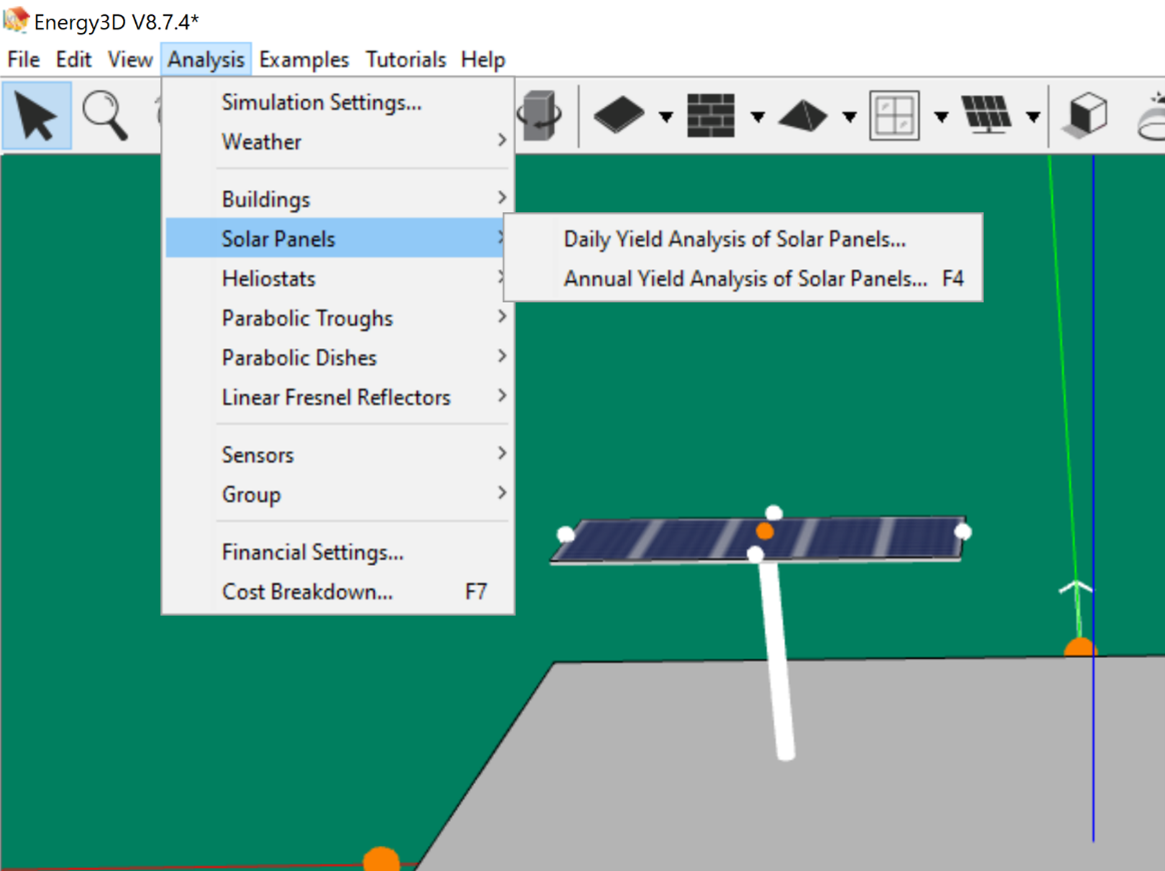 Screenshot: Drop down menu showing selection analysis for solar panel array in Energy3D software.