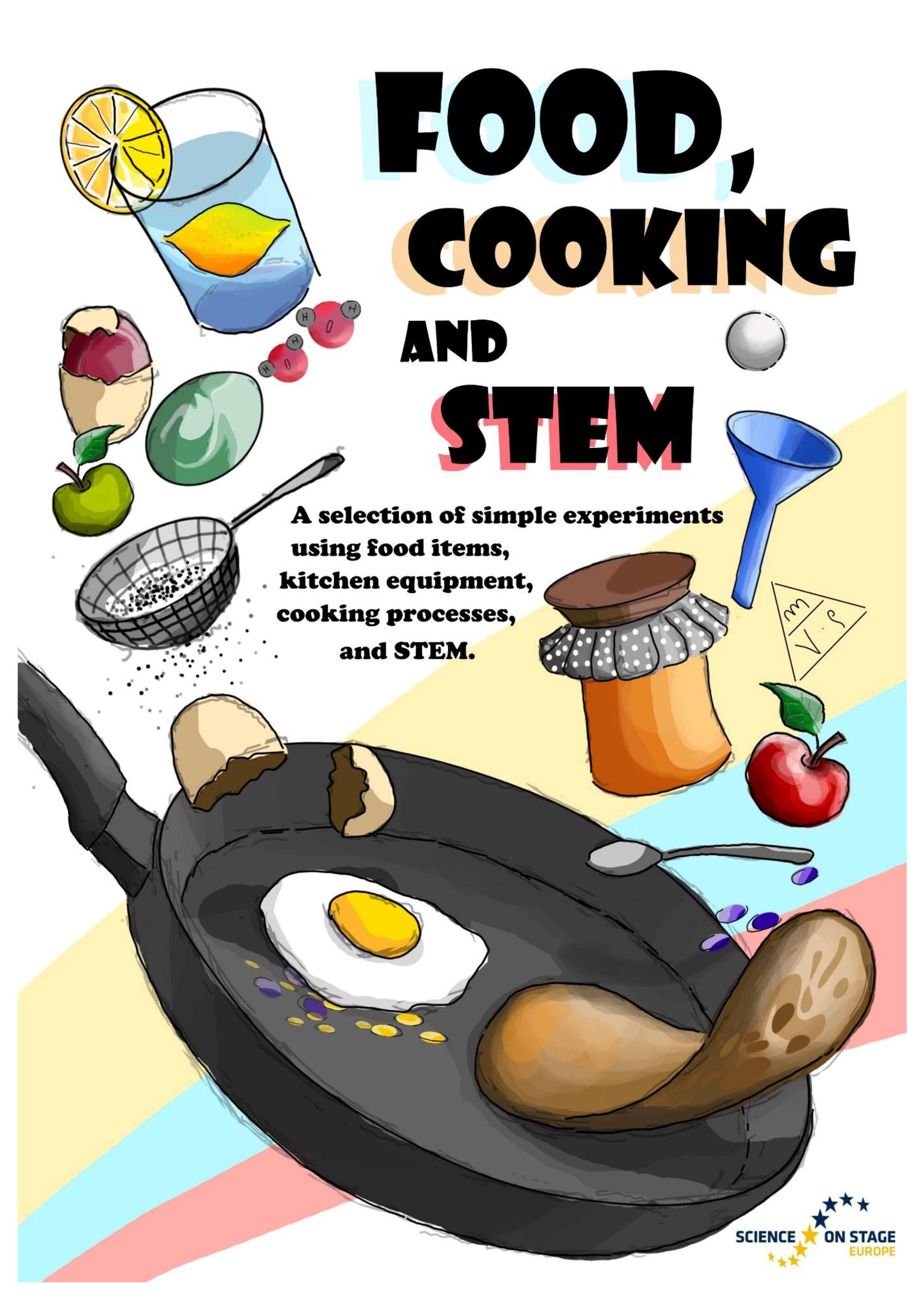 Cover image of the publication "Food, Cooking and STEM" showing a frying pan and various food items