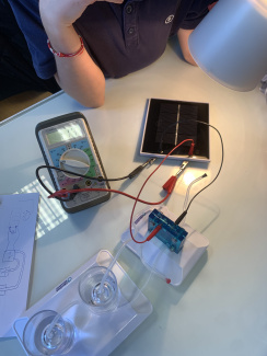 A hydrogen fuel cell electrolyser with a solar cell being built by students in class