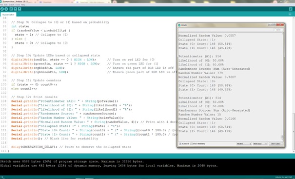 Arduino IDE serial port printer shows the relevance between expected and produced random values for the random number generation function
