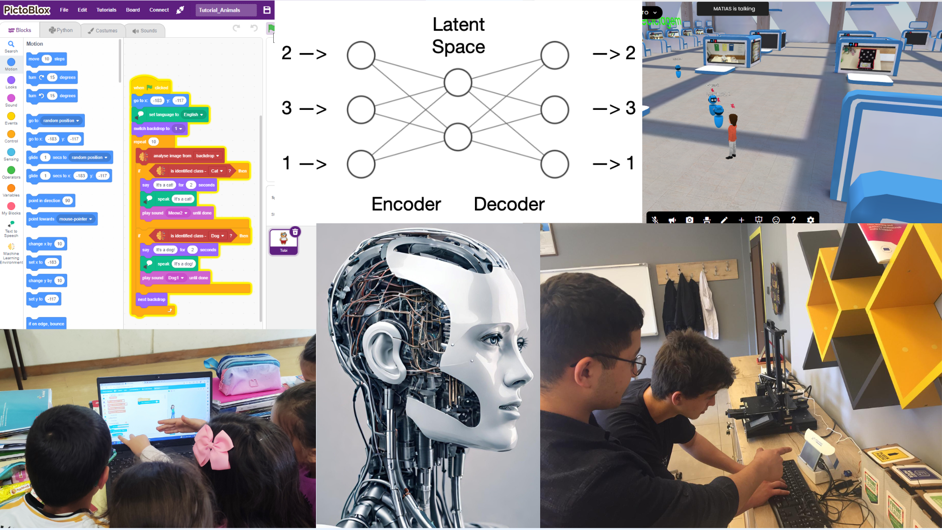 A collage of student photos, diagrams and code scripts related to AI classroom projects