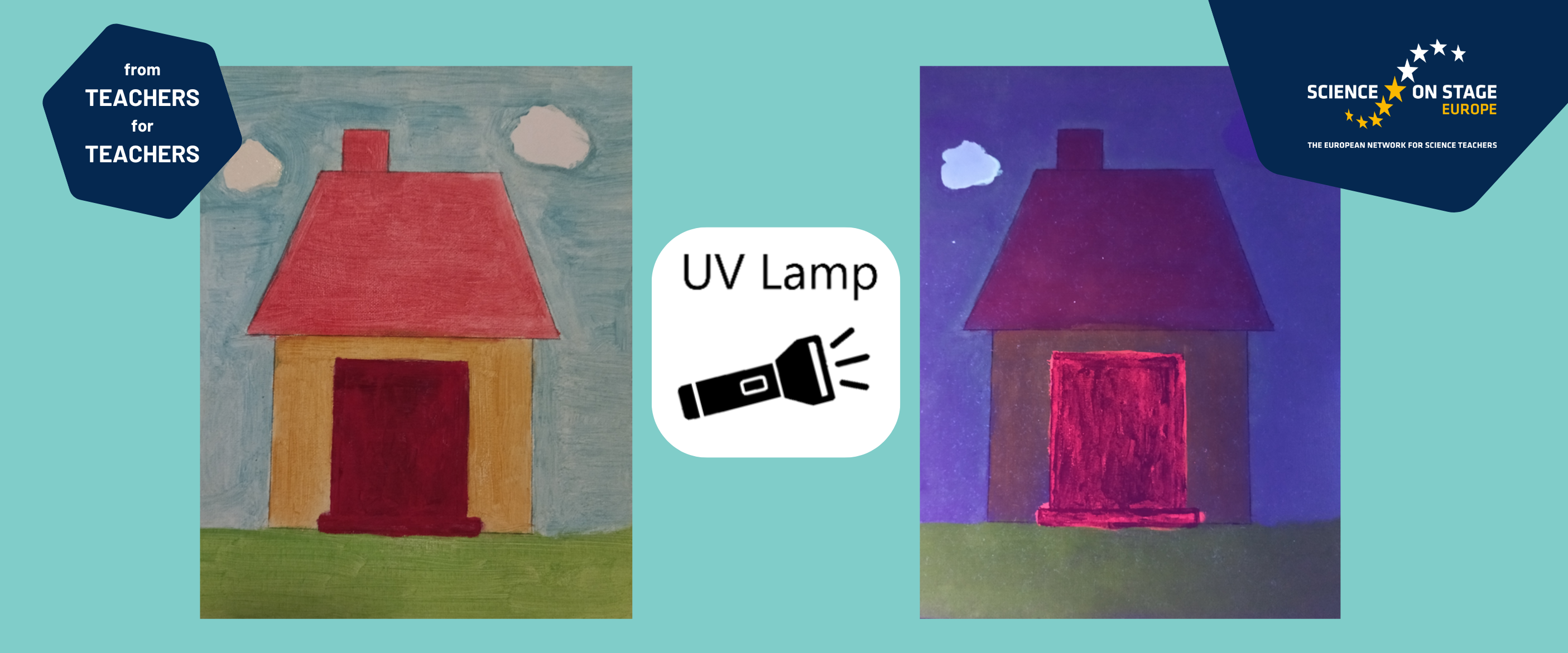 cover collage: two paintings of a house, one with normale colours, the other one darker, blueish and with highlights, in the middle is a uv lamp