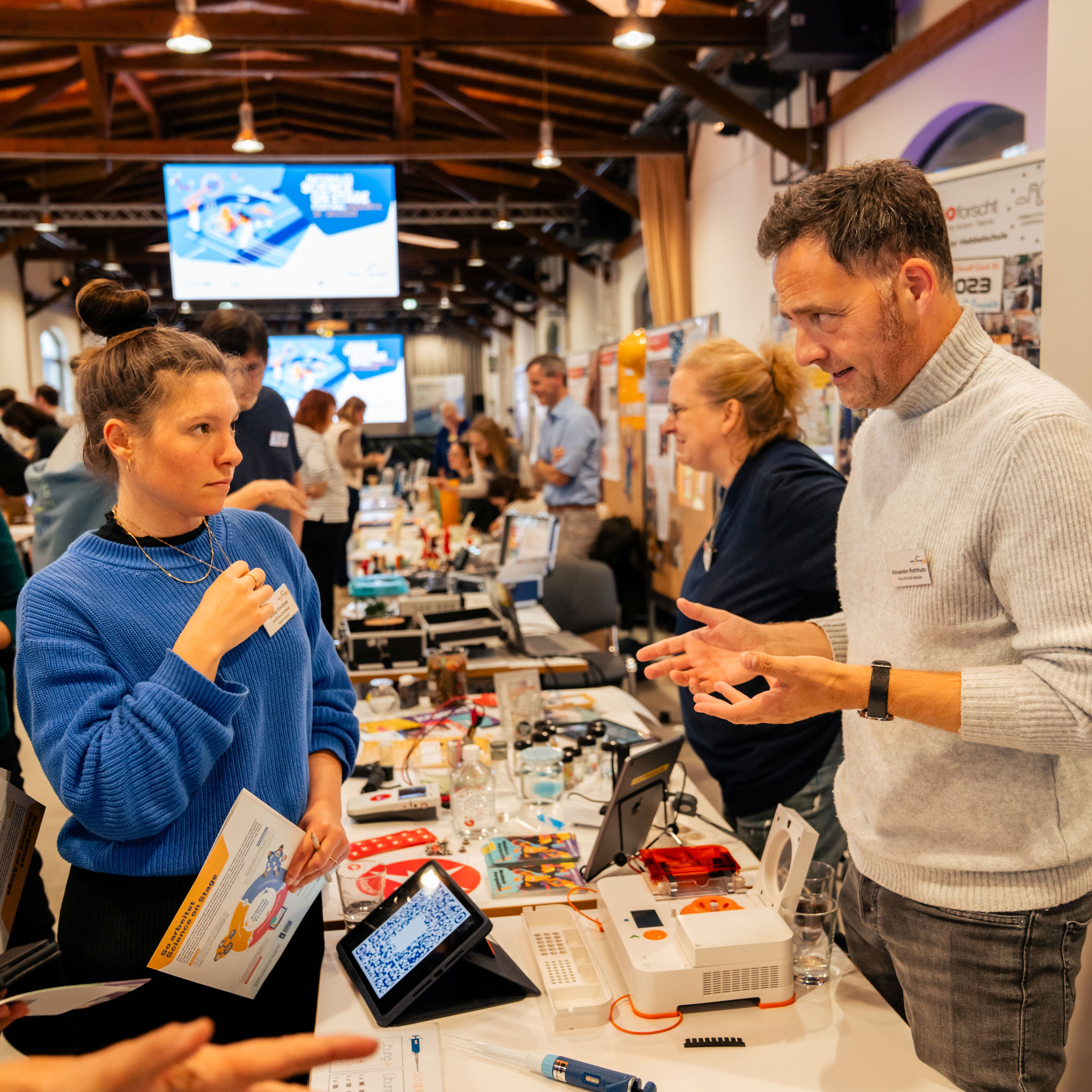 View of the education market with exhibition stands at the Science on Stage Festival
