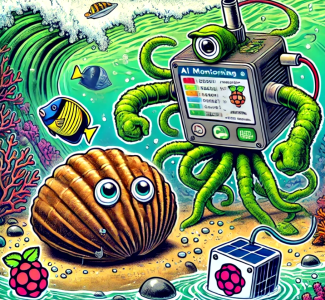 Cartoon illustration of a limpet and an AI robot underwater