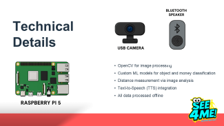 A slide with technical details of an AI assistant system for visually impaired people