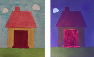 two images showing a house, one with normal colours, the other looking darker and blueish with highlights