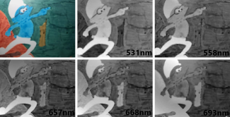 six pictures of a smurf, the first one with colours, the other ones in different shades of grey