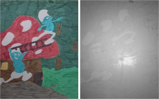 two images of smurfs, one with colours, one in grayscale