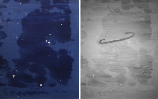 two images, one is just blue, one in grayscale with planets