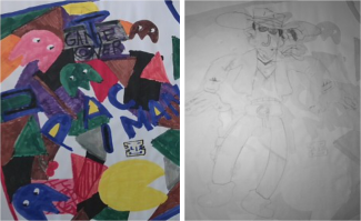 two images, one is a colourful drawing showing pac man and pac man ghosts, the other is a grayscale drawing of a cowboy