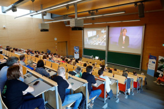 Welcome message in main auditorium of the German Science on Stage festival