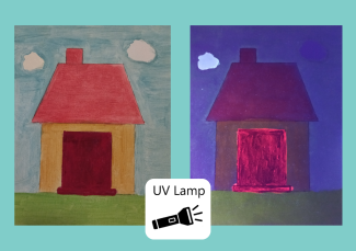 collage: two paintings of a house, one with normale colours, the other one darker, blueish and with highlights, in the middle is a uv lamp